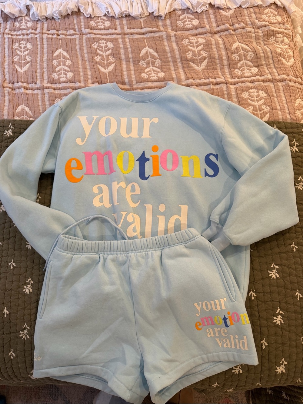 Light Blue 'Your Emotions Are Valid' Sweater and Shorts Set